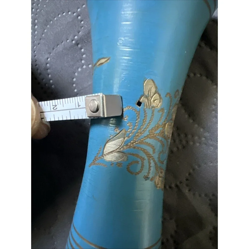 VTG Kashmiri Blue Enamel Brass Vase Hand-Etched Gold Floral Design Home Accent